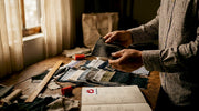 Hands feeling shirt fabric swatches on table