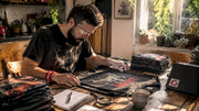 Collector inspecting vintage band t-shirt
