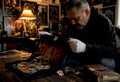 Collector inspecting pristine deadstock metal shirt
