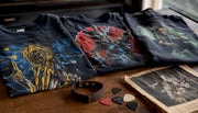 Close-up vintage metal shirts with era-specific prints