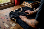 Close-up of vintage-style ringer band tee collar and fabric