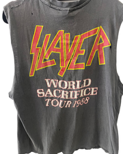 RARE SLAYER 1988 WORLD SACRIFICE TOUR SHIRT - Cut Off Sleeves, Medium, Holes